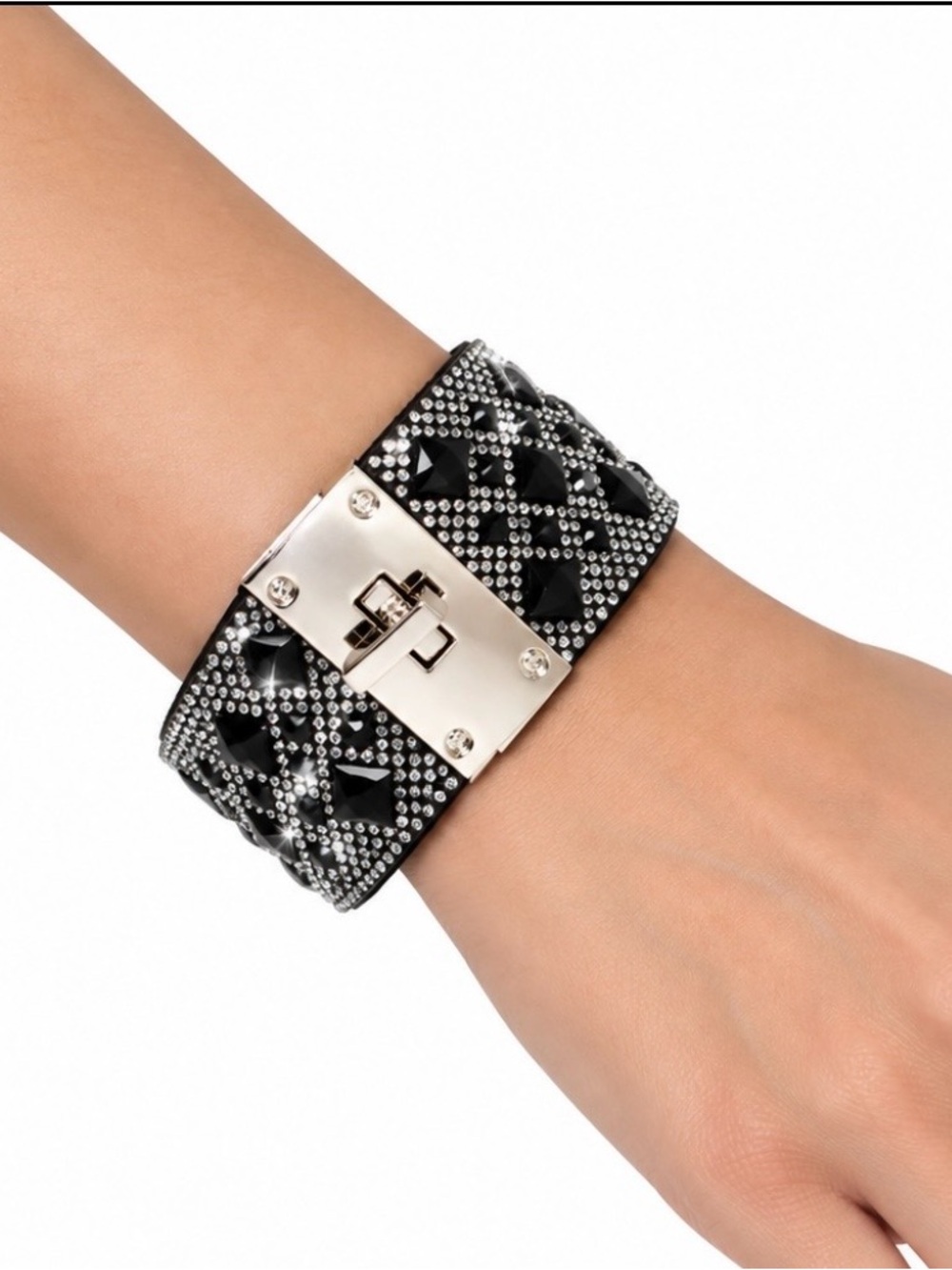 Jacqueline Kent Starry Night Black Silver Rhinestone Crystal Cuff Bracelet 7.5"